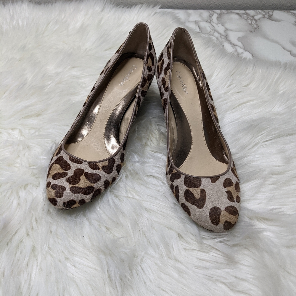 Calvin Klein Dyed Cow Fur Leopard Wedges Size 8
